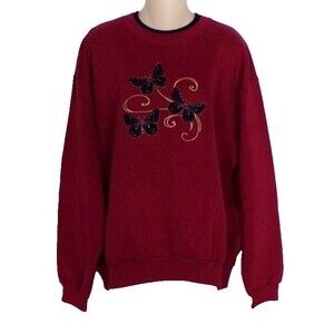 Top Stitch by Morning Sun Burgundy Embroidered Butterflies Sweatshirt 2X EXC!